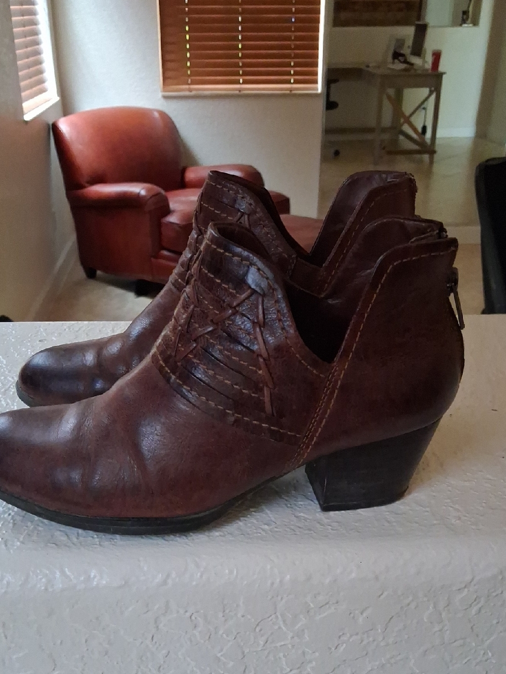 Women's Brown Leather Ankle Booties with Low Block Heel